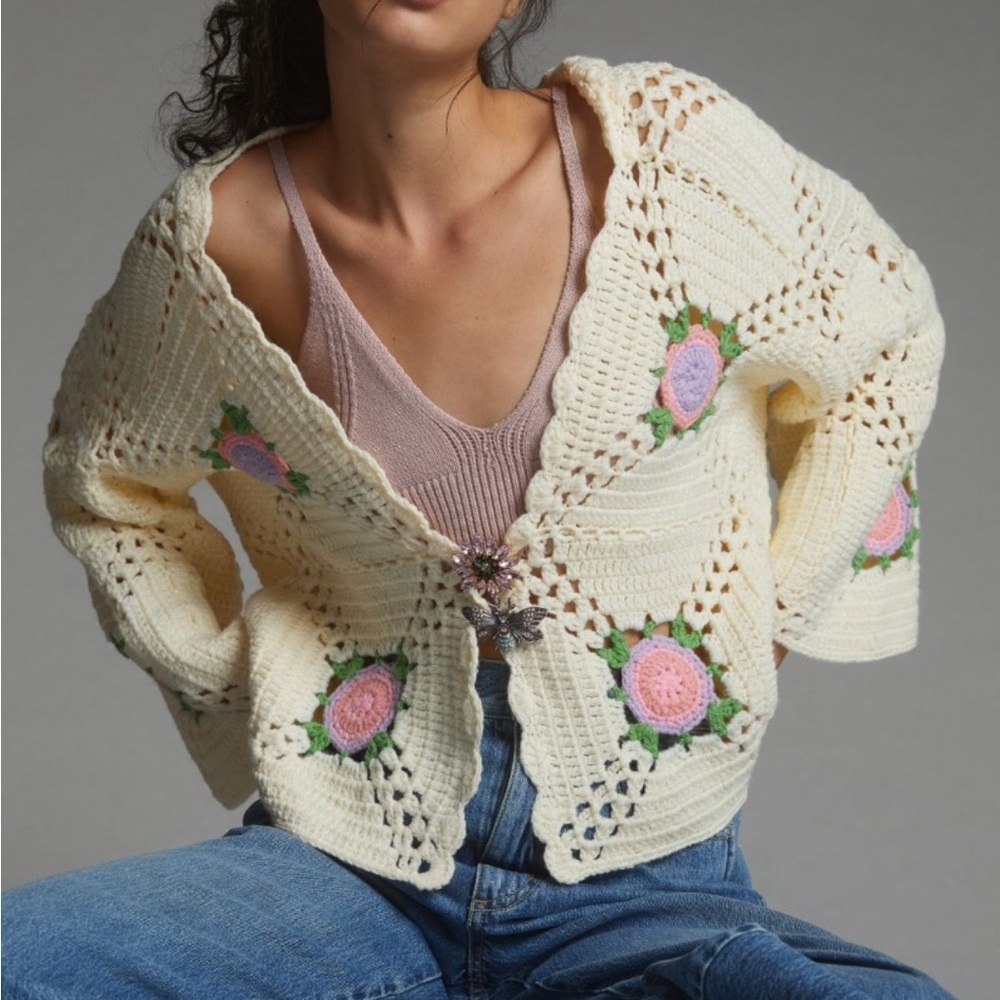 Anthropologie Floral Cardigan -Crochet